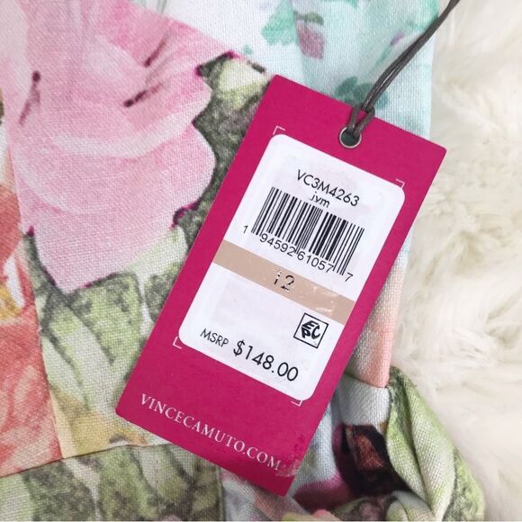 VINCE CAMUTO Pink Green Floral Print Mini Dress Tie Waist Cotton Linen 10 12 New - Picture 8 of 16